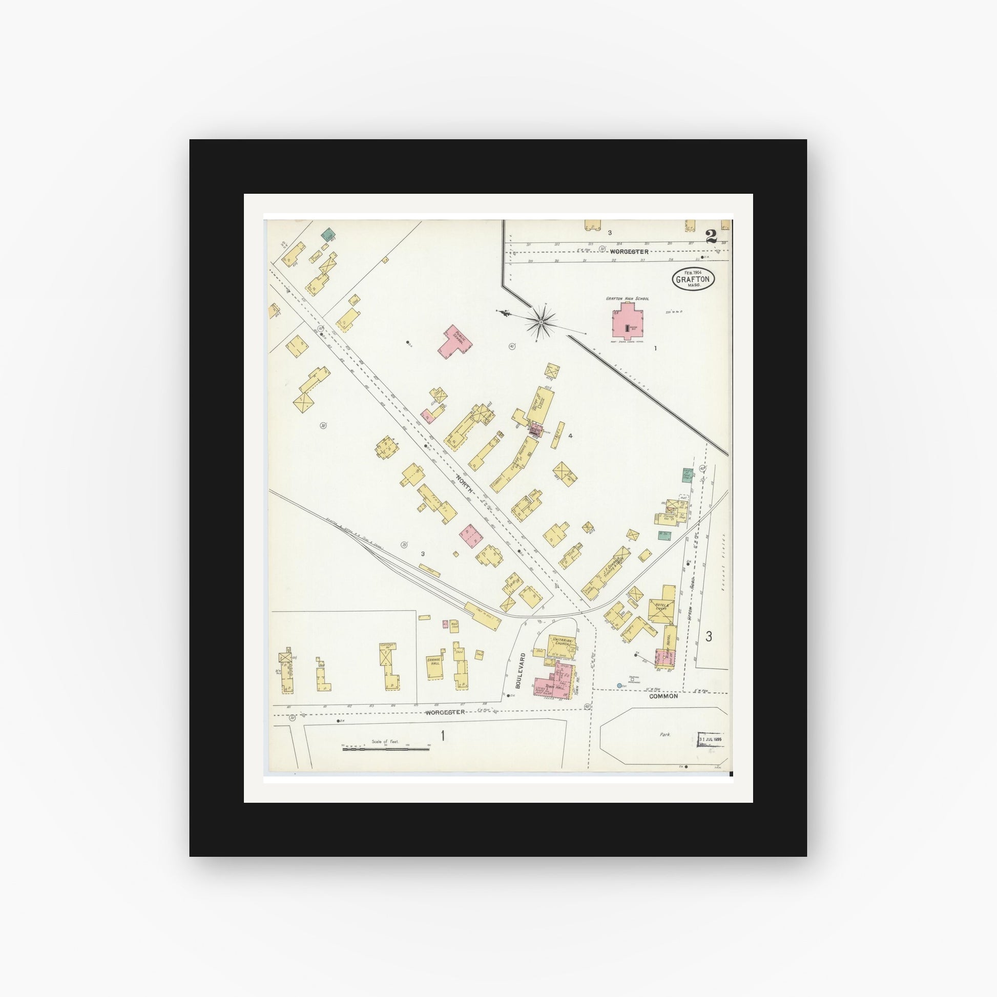 Old map wall art mockup — black gallery frame with white mat — Sanborn Fire Insurance Map from Grafton, Worcester County, Massachusetts (1904), Sheet #0002