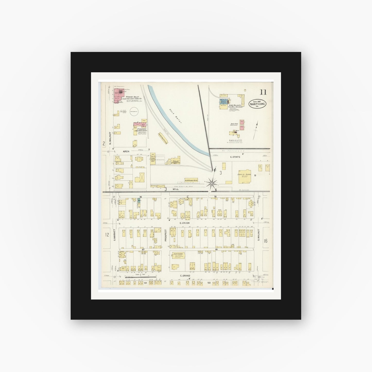 Old map wall art mockup — black gallery frame with white mat — Sanborn Fire Insurance Map from Nanticoke, Luzerne County, Pennsylvania (1907), Sheet #0011