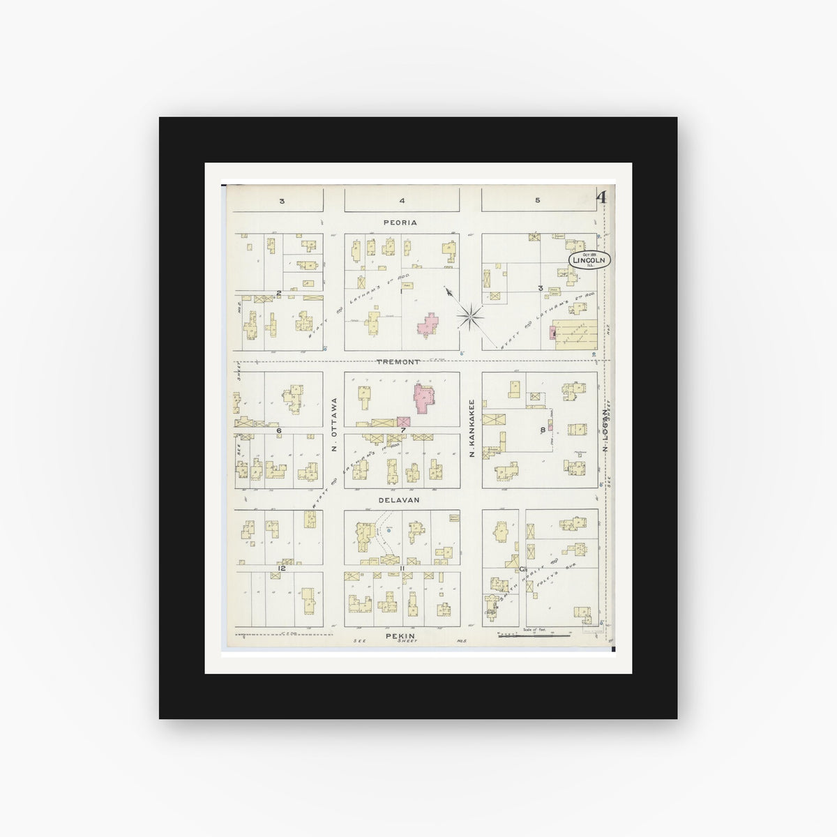 Old map wall art mockup — black gallery frame with white mat — Sanborn Fire Insurance Map from Lincoln, Logan County, Illinois (1891), Sheet #0004