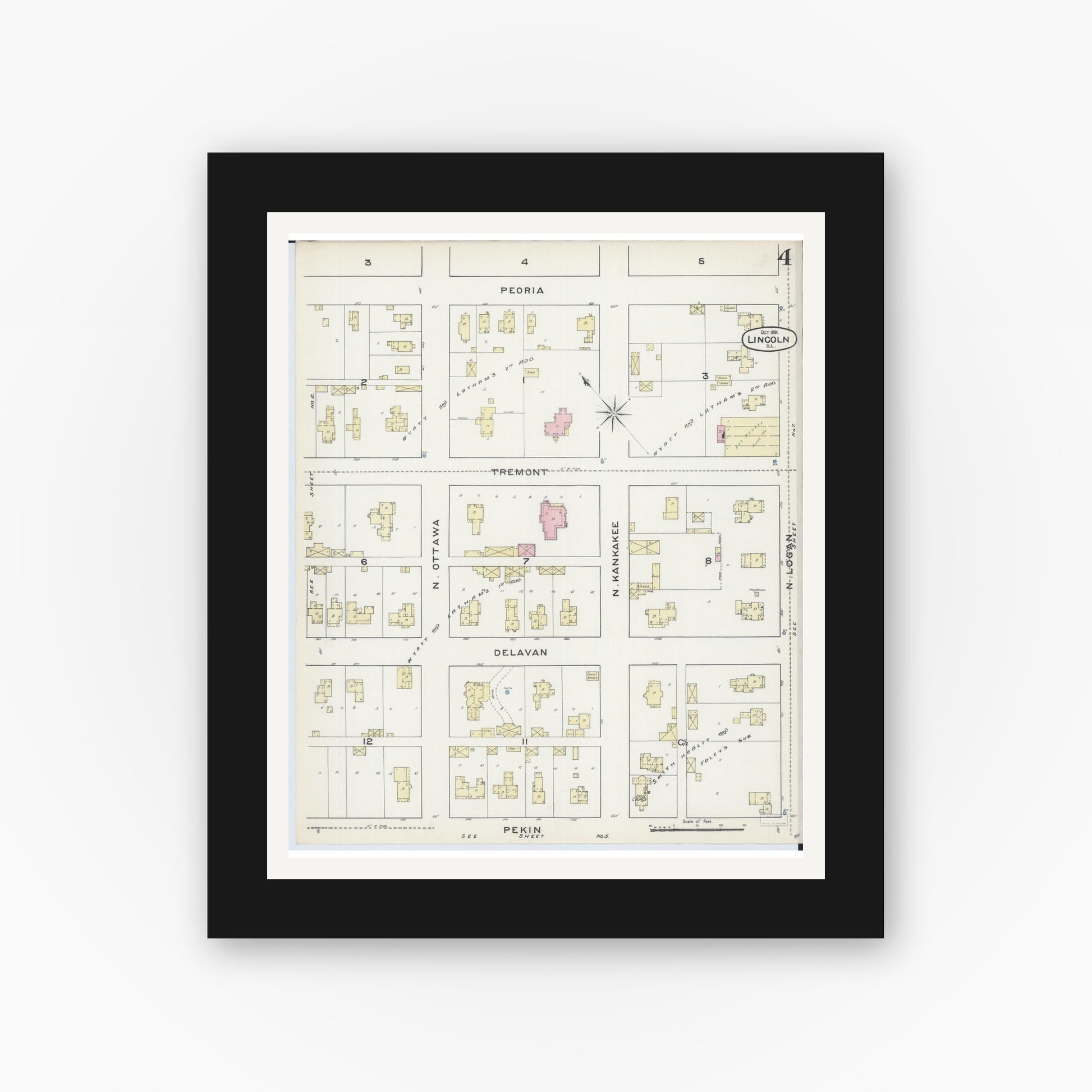 Old map wall art mockup — black gallery frame with white mat — Sanborn Fire Insurance Map from Lincoln, Logan County, Illinois (1891), Sheet #0004