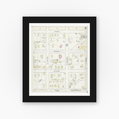 Old map wall art mockup — black gallery frame with white mat — Sanborn Fire Insurance Map from Lincoln, Logan County, Illinois (1891), Sheet #0004