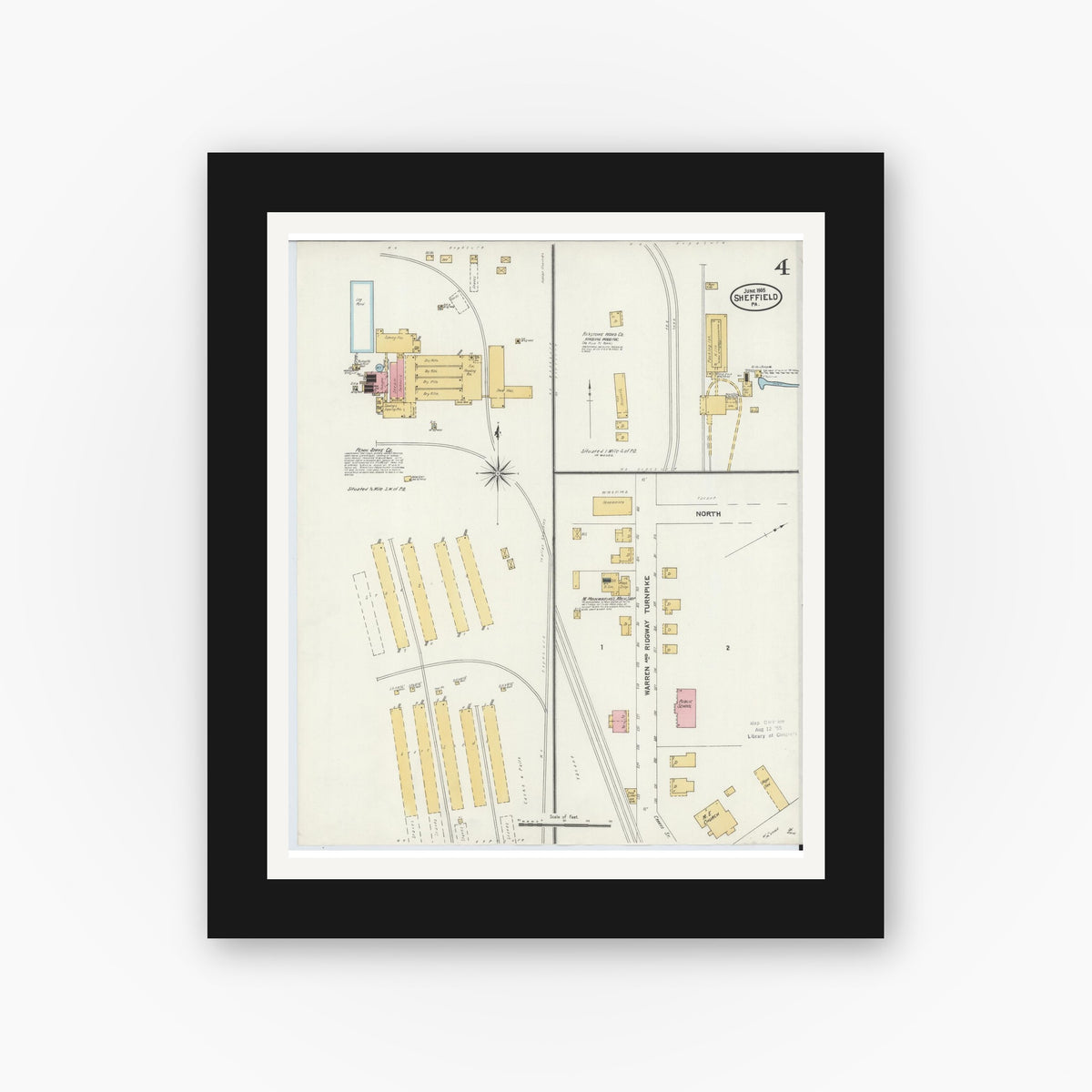 Old map wall art mockup — black gallery frame with white mat — Sanborn Fire Insurance Map from Sheffield, Warren County, Pennsylvania (1905), Sheet #0004