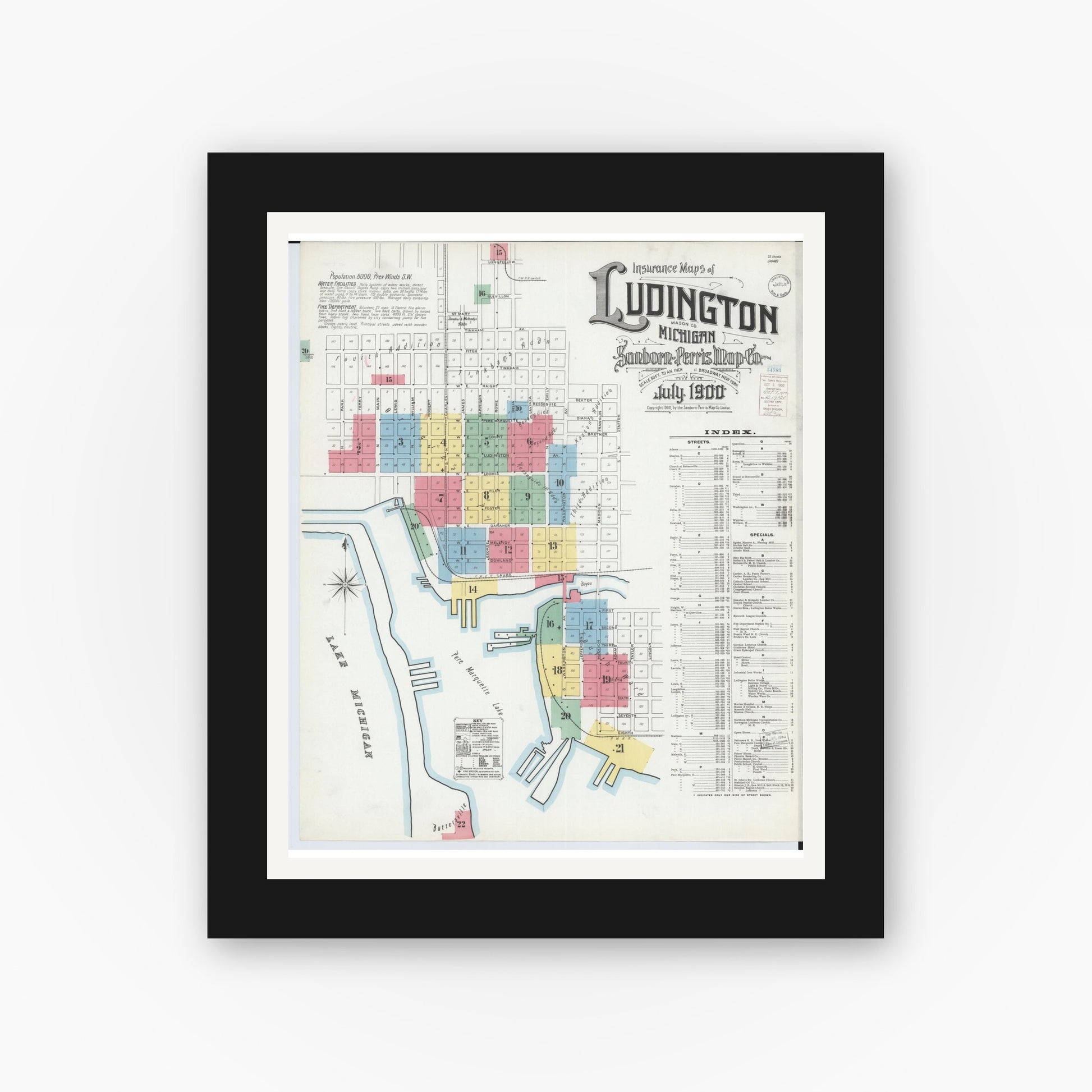 Old map wall art mockup — black gallery frame with white mat — Sanborn Fire Insurance Map from Ludington, Mason County, Michigan (1900), Sheet #0001