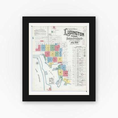 Old map wall art mockup — black gallery frame with white mat — Sanborn Fire Insurance Map from Ludington, Mason County, Michigan (1900), Sheet #0001