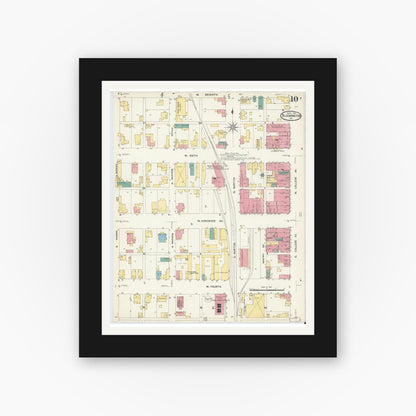 Old map wall art mockup — black gallery frame with white mat — Sanborn Fire Insurance Map from Bloomington, Monroe County, Indiana (1907), Sheet #0010