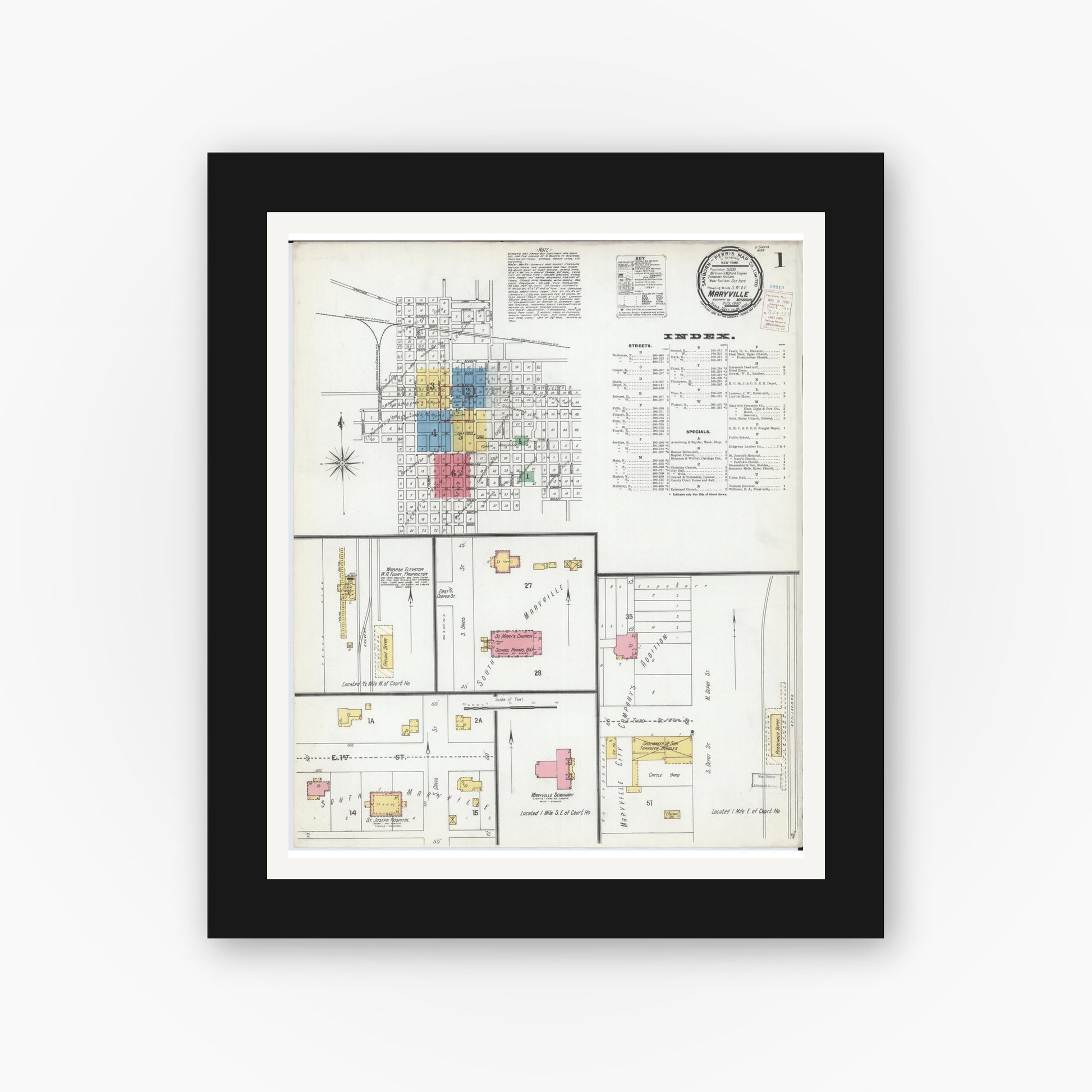 Old map wall art mockup — black gallery frame with white mat — Sanborn Fire Insurance Map from Maryville, Nodaway County, Missouri (1900), Sheet #0001