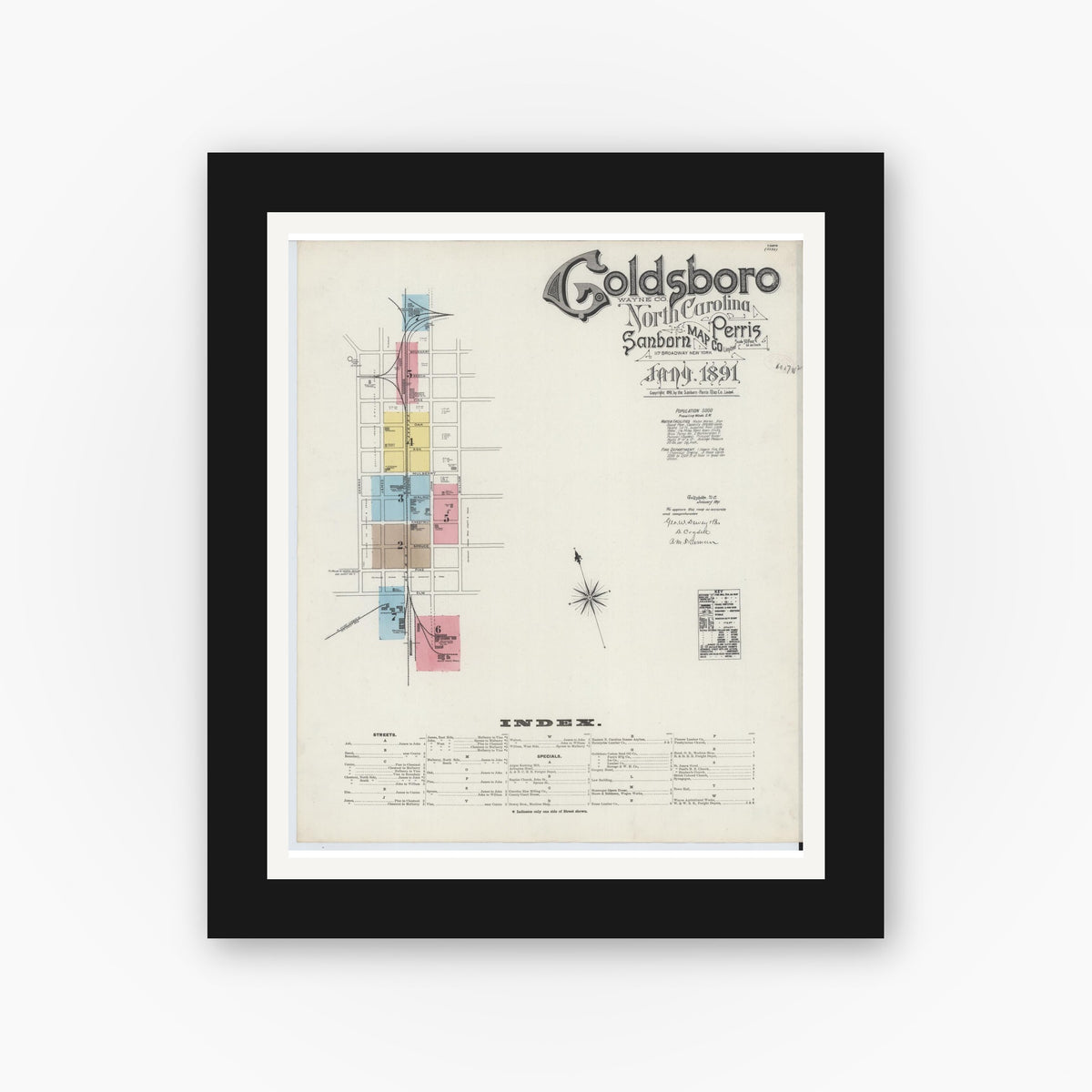 Old map wall art mockup — black gallery frame with white mat — Sanborn Fire Insurance Map from Goldsboro, Wayne County, North Carolina (1891) - Complete Map Set