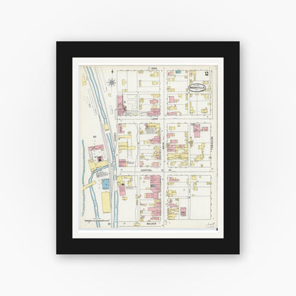 Old map wall art mockup — black gallery frame with white mat — Sanborn Fire Insurance Map from Brookville, Franklin County, Indiana (1892), Sheet #0002