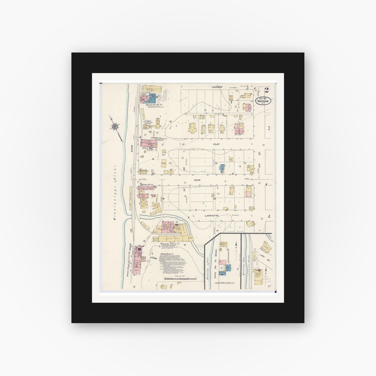 Old map wall art mockup — black gallery frame with white mat — Sanborn Fire Insurance Map from Warsaw, Hancock County, Illinois (1912), Sheet #0002