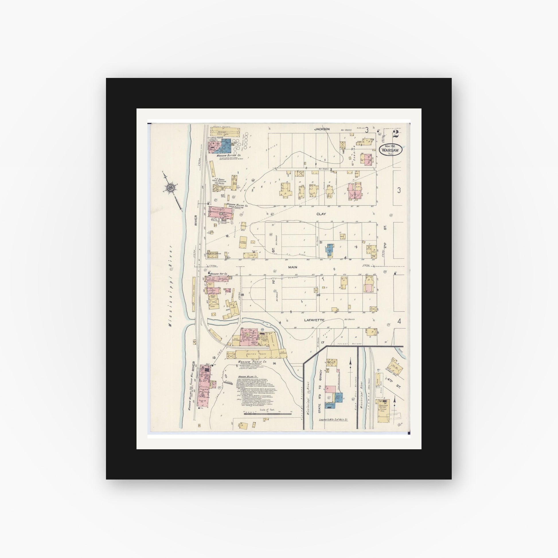 Old map wall art mockup — black gallery frame with white mat — Sanborn Fire Insurance Map from Warsaw, Hancock County, Illinois (1912), Sheet #0002