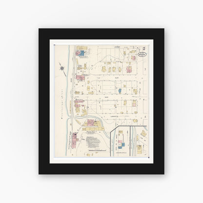 Old map wall art mockup — black gallery frame with white mat — Sanborn Fire Insurance Map from Warsaw, Hancock County, Illinois (1912), Sheet #0002