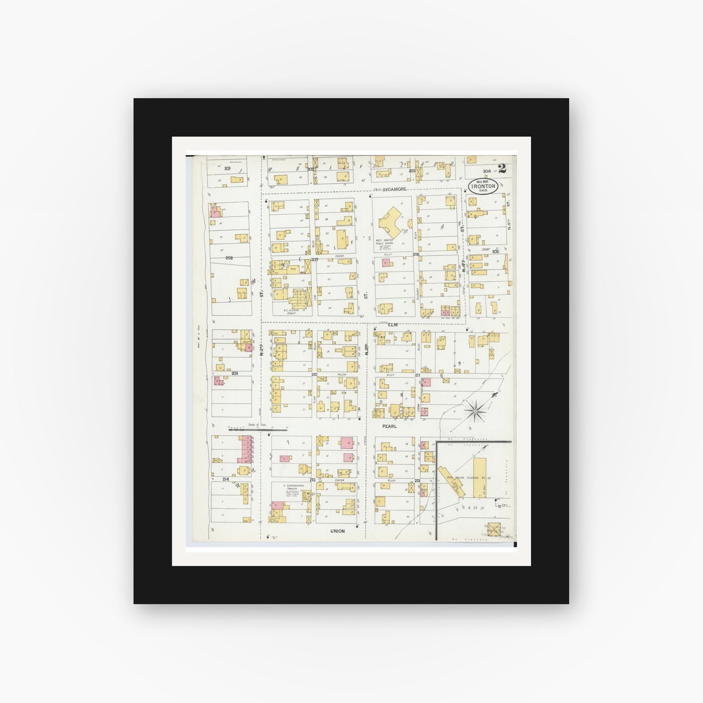 Old map wall art mockup — black gallery frame with white mat — Sanborn Fire Insurance Map from Ironton, Lawrence County, Ohio (1900), Sheet #0002
