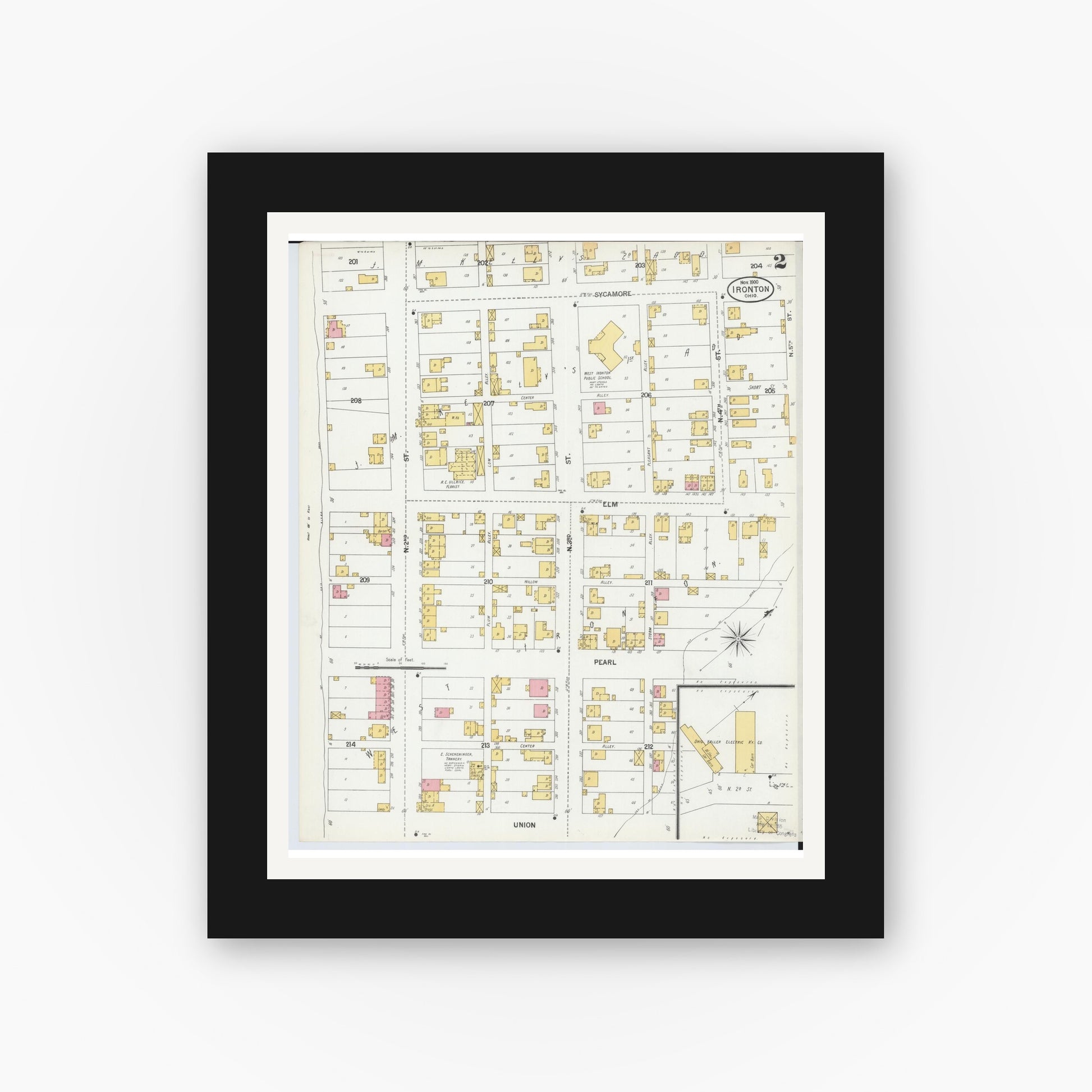 Old map wall art mockup — black gallery frame with white mat — Sanborn Fire Insurance Map from Ironton, Lawrence County, Ohio (1900), Sheet #0002