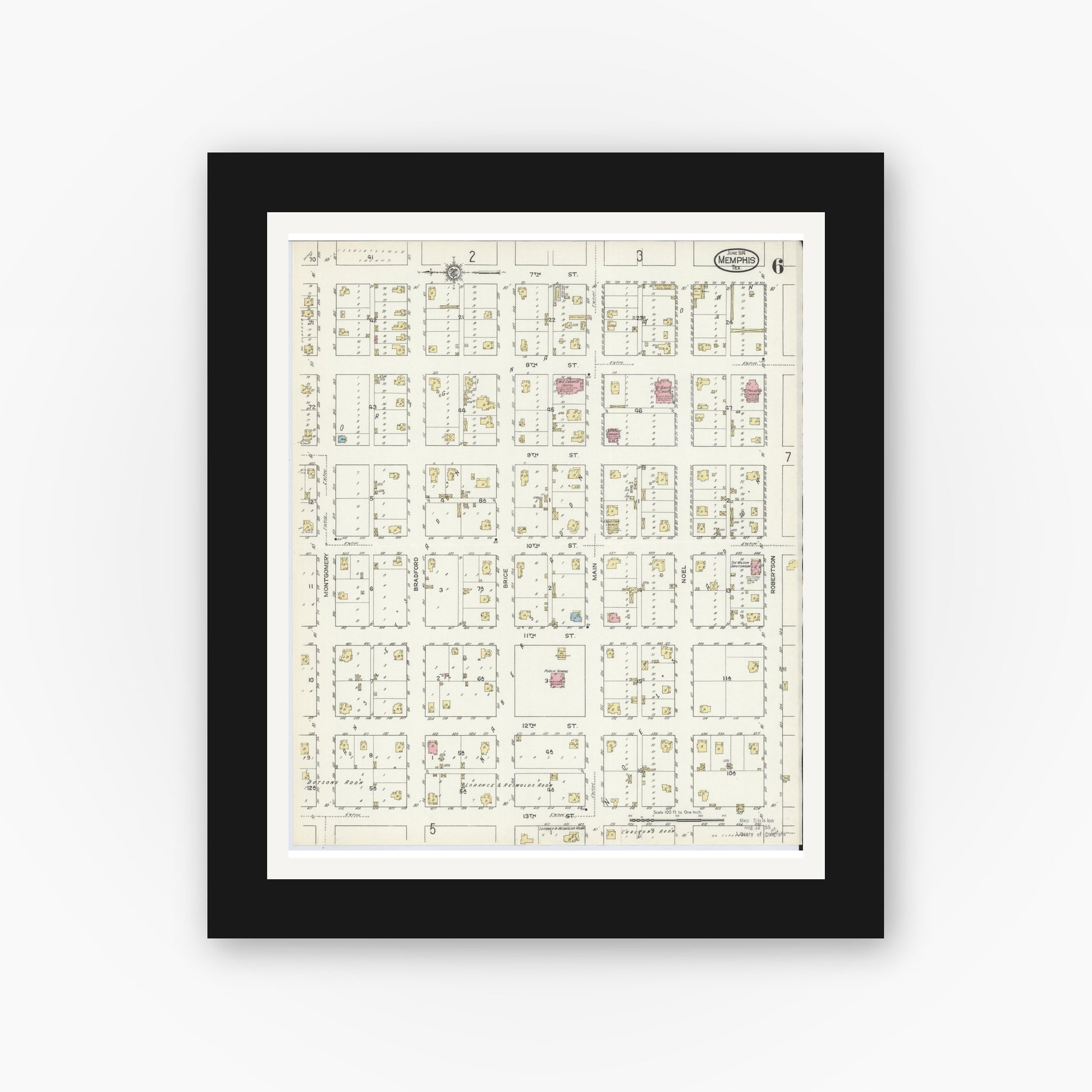 Old map wall art mockup — black gallery frame with white mat — Sanborn Fire Insurance Map from Memphis, Hall County, Texas (1914), Sheet #0006