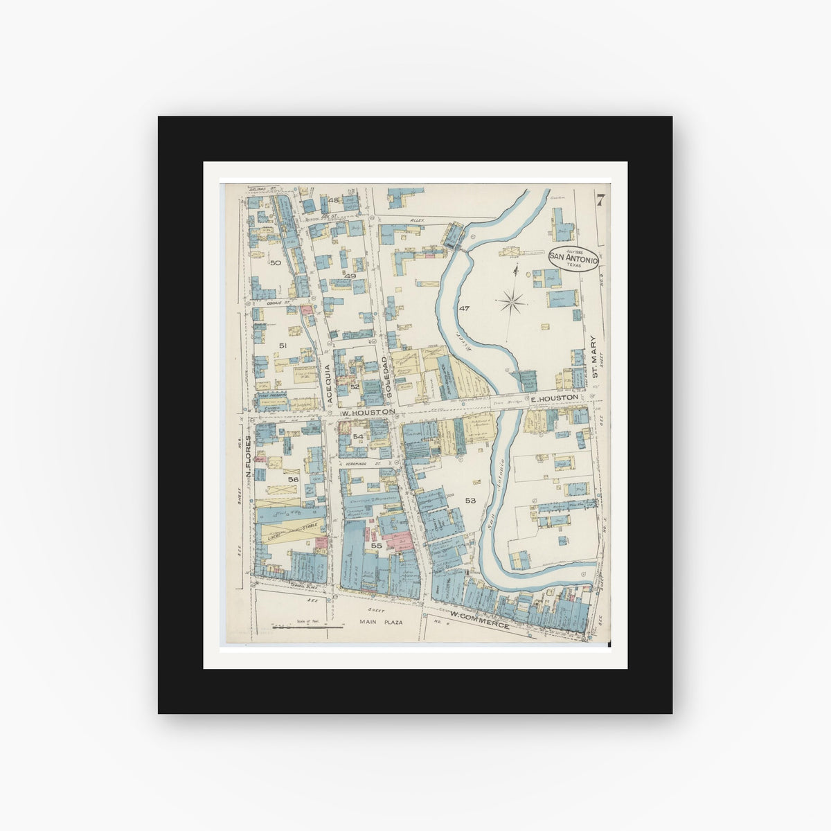 Old map wall art mockup — black gallery frame with white mat — Sanborn Fire Insurance Map from San Antonio, Bexar County, Texas (1885), Sheet #0007