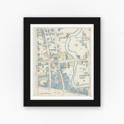 Old map wall art mockup — black gallery frame with white mat — Sanborn Fire Insurance Map from San Antonio, Bexar County, Texas (1885), Sheet #0007