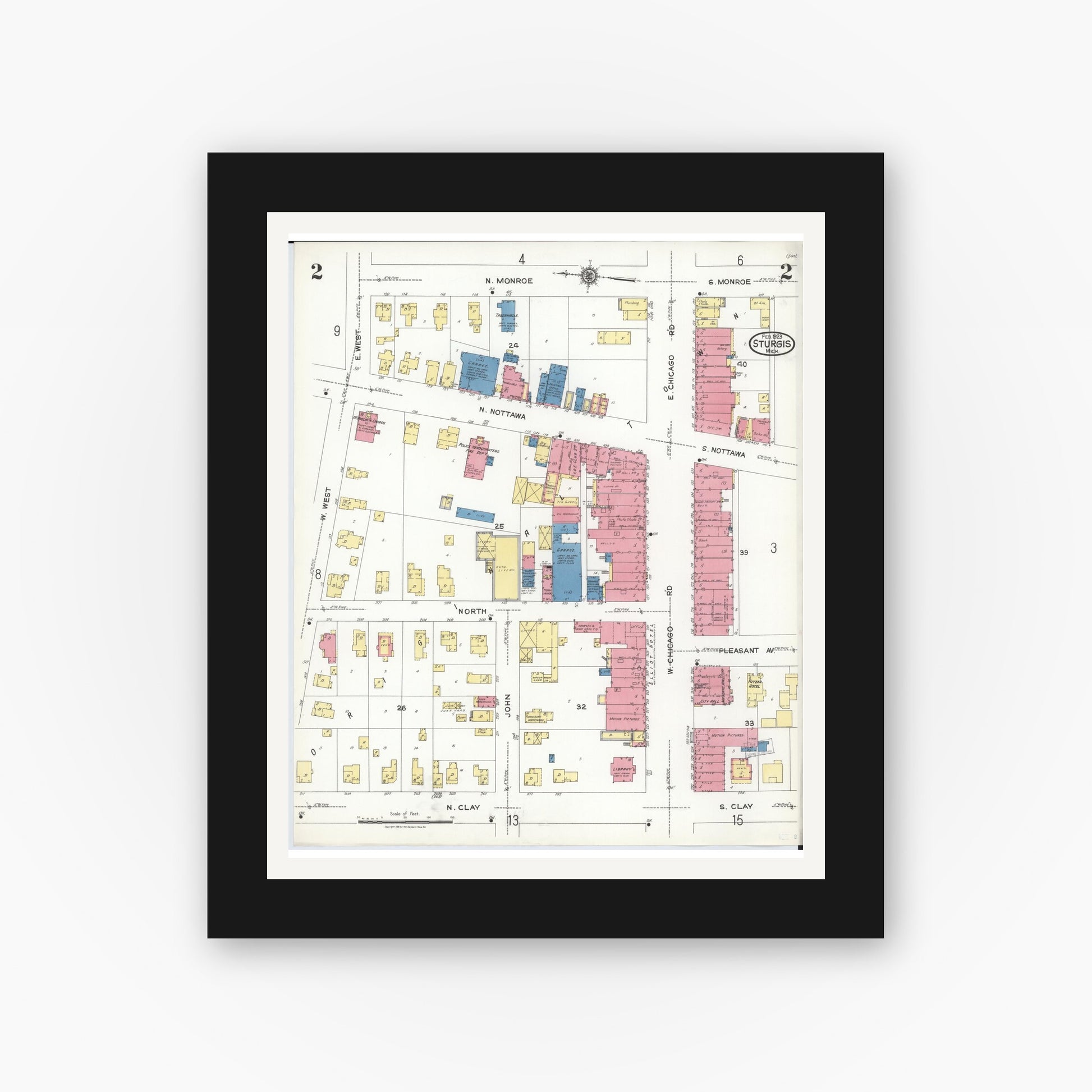 Old map wall art mockup — black gallery frame with white mat — Sanborn Fire Insurance Map from Sturgis, Saint Joseph County, Michigan (1923), Sheet #0002