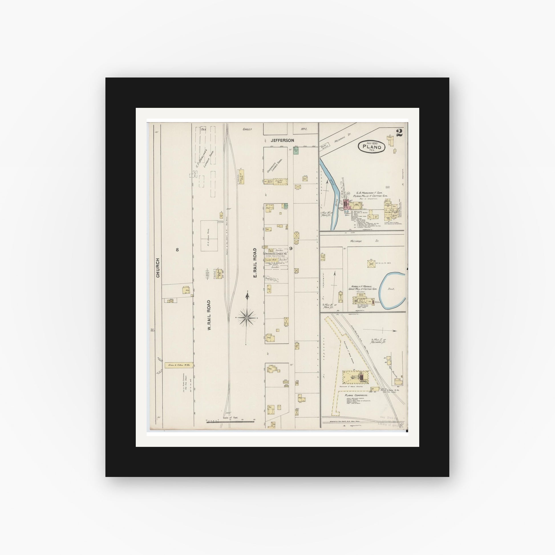 Old map wall art mockup — black gallery frame with white mat — Sanborn Fire Insurance Map from Plano, Collin County, Texas (1890), Sheet #0002
