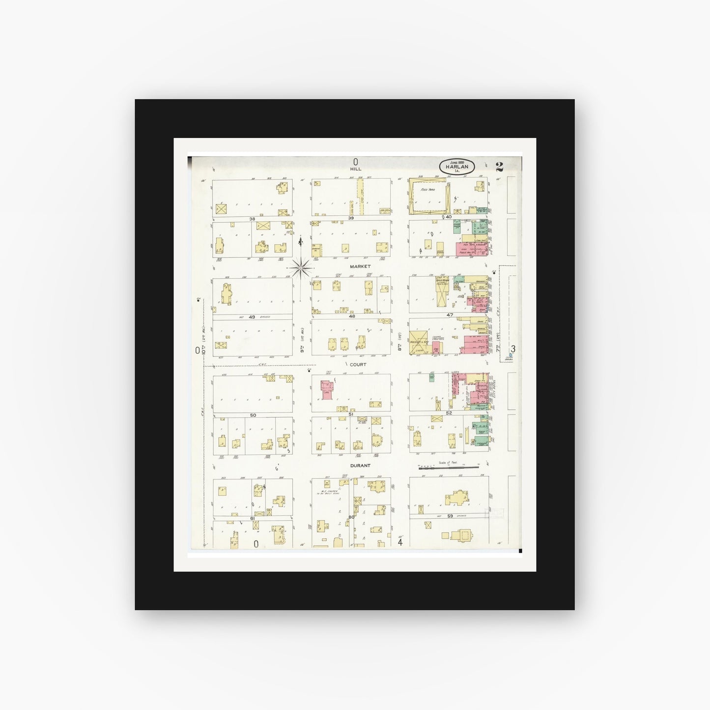 Old map wall art mockup — black gallery frame with white mat — Sanborn Fire Insurance Map from Harlan, Shelby County, Iowa (1899), Sheet #0002