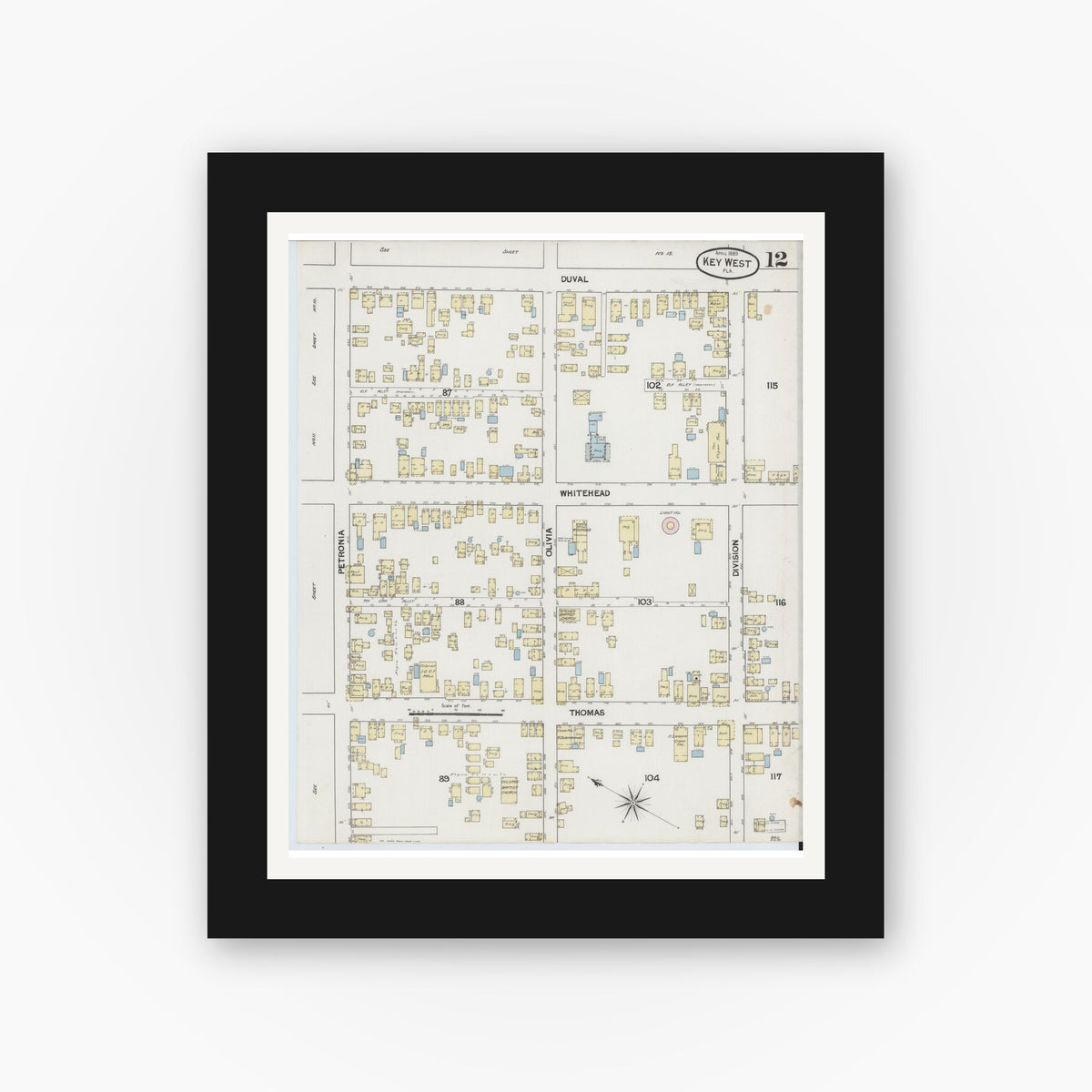 Old map wall art mockup — black gallery frame with white mat — Sanborn Fire Insurance Map from Key West, Monroe County, Florida (1889), Sheet #0012