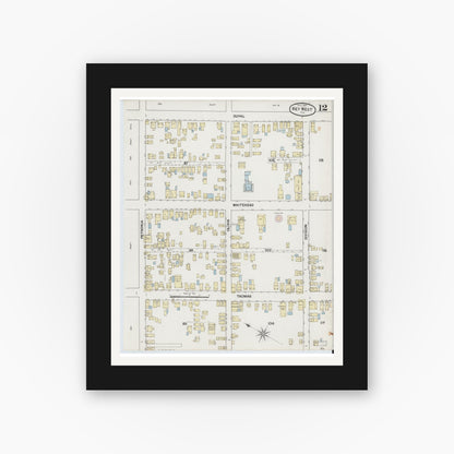 Old map wall art mockup — black gallery frame with white mat — Sanborn Fire Insurance Map from Key West, Monroe County, Florida (1889), Sheet #0012