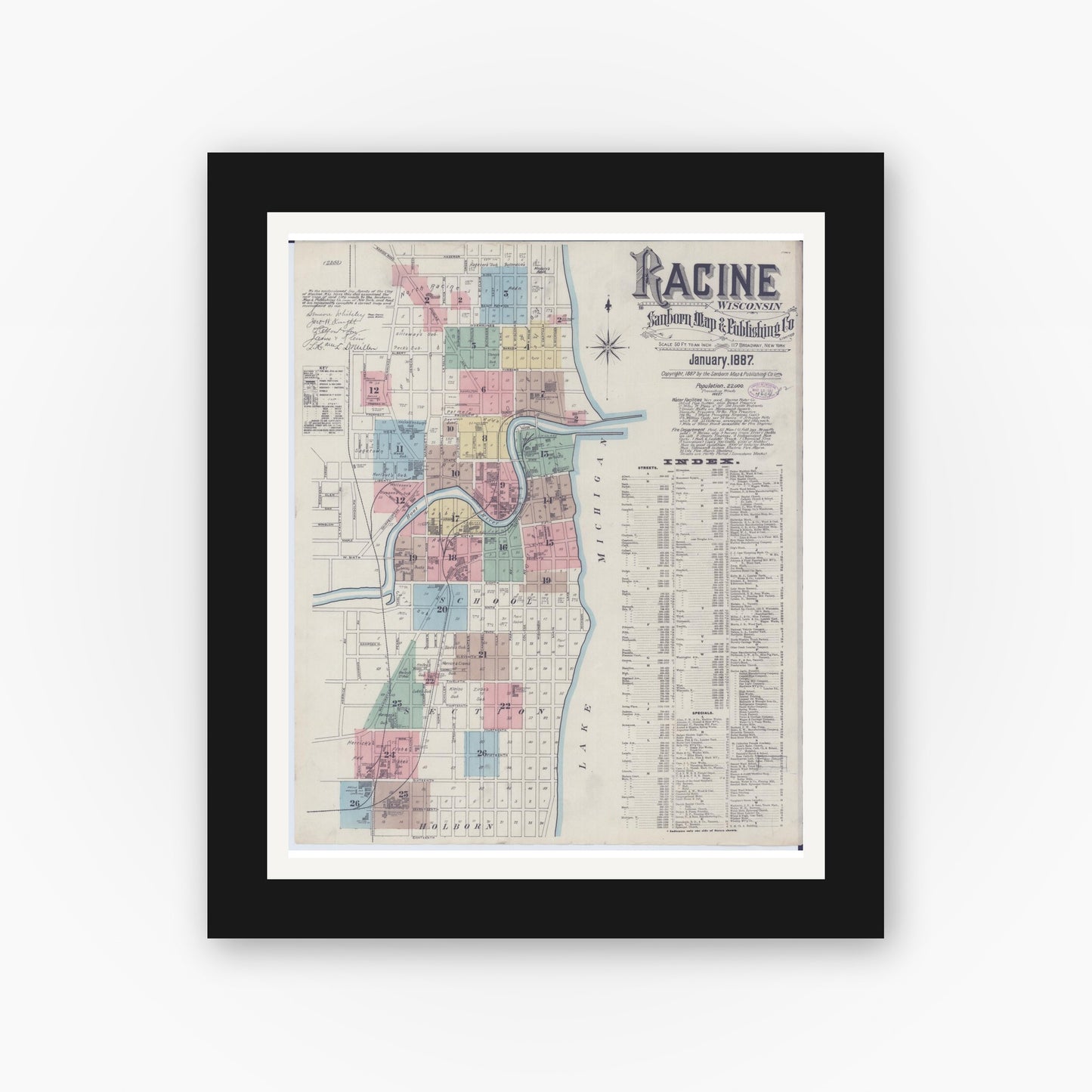 Old map wall art mockup — black gallery frame with white mat — Sanborn Fire Insurance Map from Racine, Racine County, Wisconsin (1887) - Complete Map Set