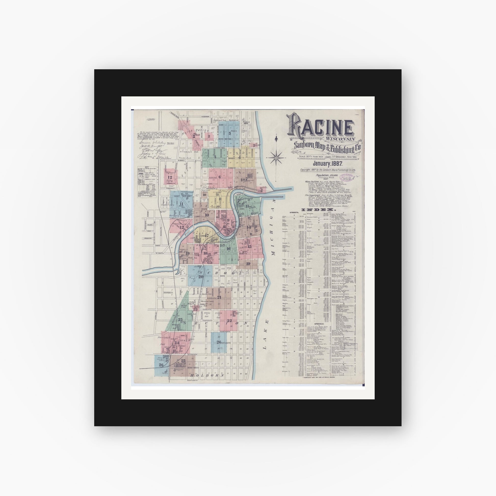 Old map wall art mockup — black gallery frame with white mat — Sanborn Fire Insurance Map from Racine, Racine County, Wisconsin (1887) - Complete Map Set