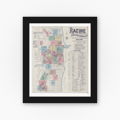 Old map wall art mockup — black gallery frame with white mat — Sanborn Fire Insurance Map from Racine, Racine County, Wisconsin (1887) - Complete Map Set