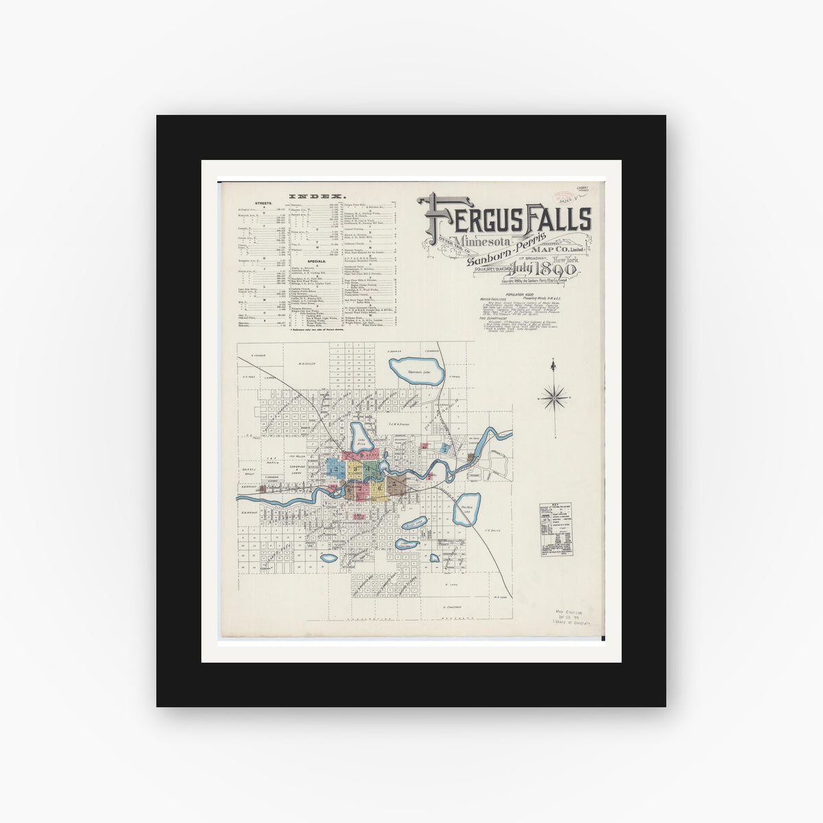Old map wall art mockup — black gallery frame with white mat — Sanborn Fire Insurance Map from Fergus Falls, Otter Tail County, Minnesota (1890) - Complete Map Set