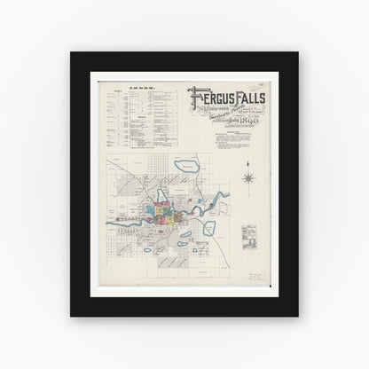 Old map wall art mockup — black gallery frame with white mat — Sanborn Fire Insurance Map from Fergus Falls, Otter Tail County, Minnesota (1890) - Complete Map Set