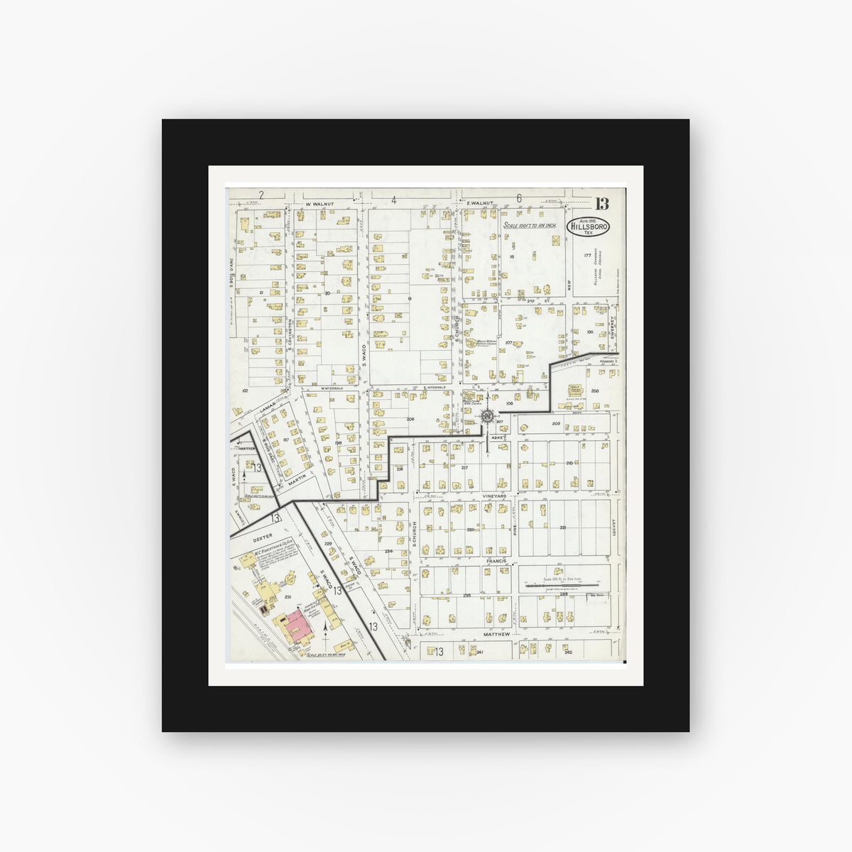 Old map wall art mockup — black gallery frame with white mat — Sanborn Fire Insurance Map from Hillsboro, Hill County, Texas (1918), Sheet #0013