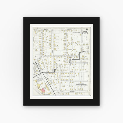 Old map wall art mockup — black gallery frame with white mat — Sanborn Fire Insurance Map from Hillsboro, Hill County, Texas (1918), Sheet #0013