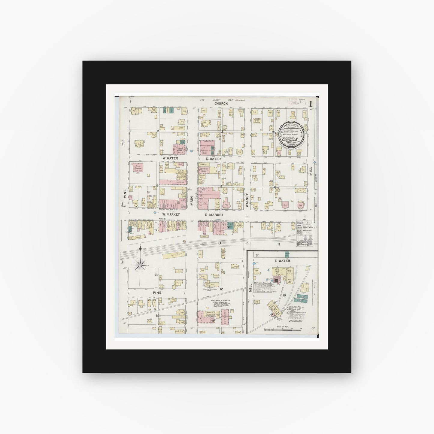 Old map wall art mockup — black gallery frame with white mat — Sanborn Fire Insurance Map from Orrville, Wayne County, Ohio (1889), Sheet #0001