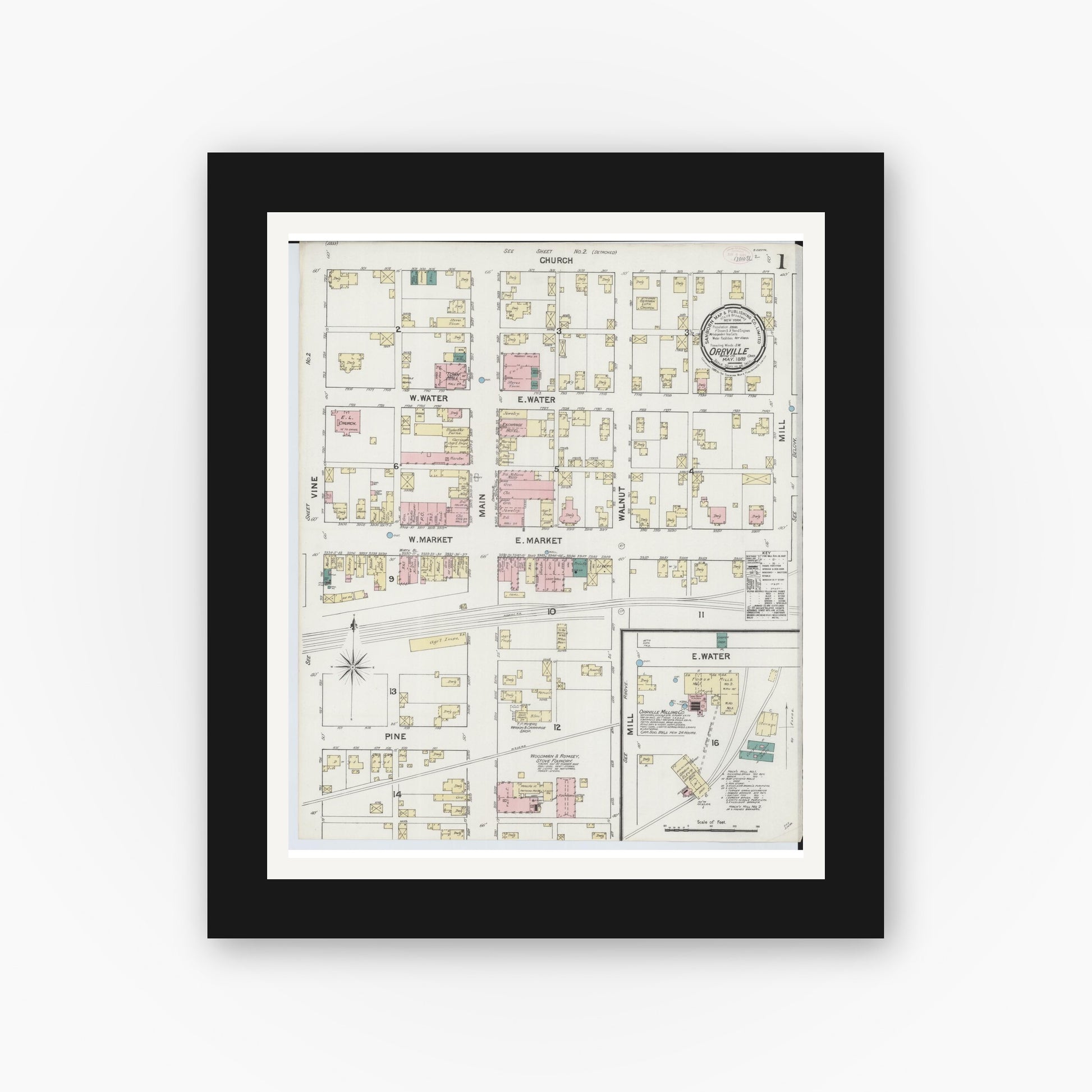 Old map wall art mockup — black gallery frame with white mat — Sanborn Fire Insurance Map from Orrville, Wayne County, Ohio (1889), Sheet #0001