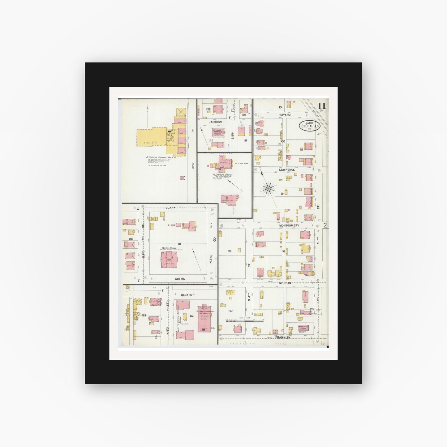 Old map wall art mockup — black gallery frame with white mat — Sanborn Fire Insurance Map from Saint Charles, Saint Charles County, Missouri (1900), Sheet #0011