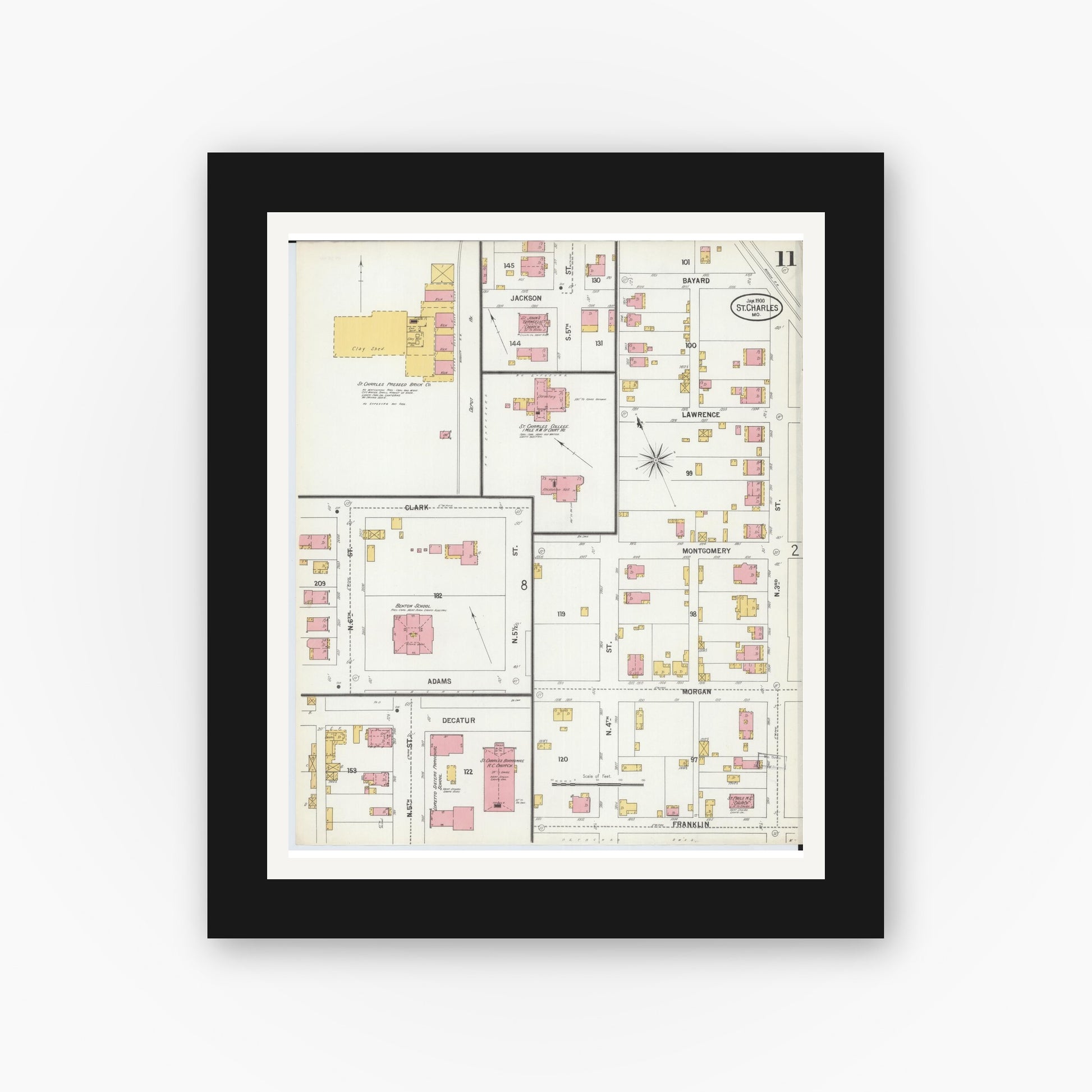Old map wall art mockup — black gallery frame with white mat — Sanborn Fire Insurance Map from Saint Charles, Saint Charles County, Missouri (1900), Sheet #0011