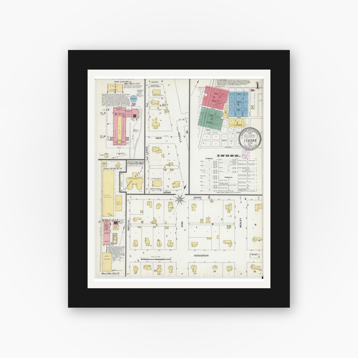 Old map wall art mockup — black gallery frame with white mat — Sanborn Fire Insurance Map from Itasca, Hill County, Texas (1902) - Complete Map Set