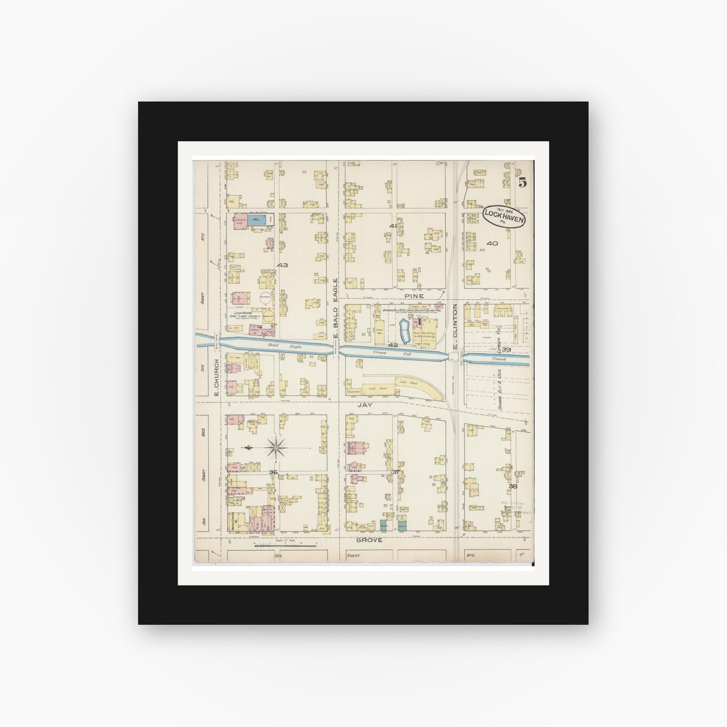 Old map wall art mockup — black gallery frame with white mat — Sanborn Fire Insurance Map from Lock Haven, Clinton County, Pennsylvania (1885), Sheet #0005