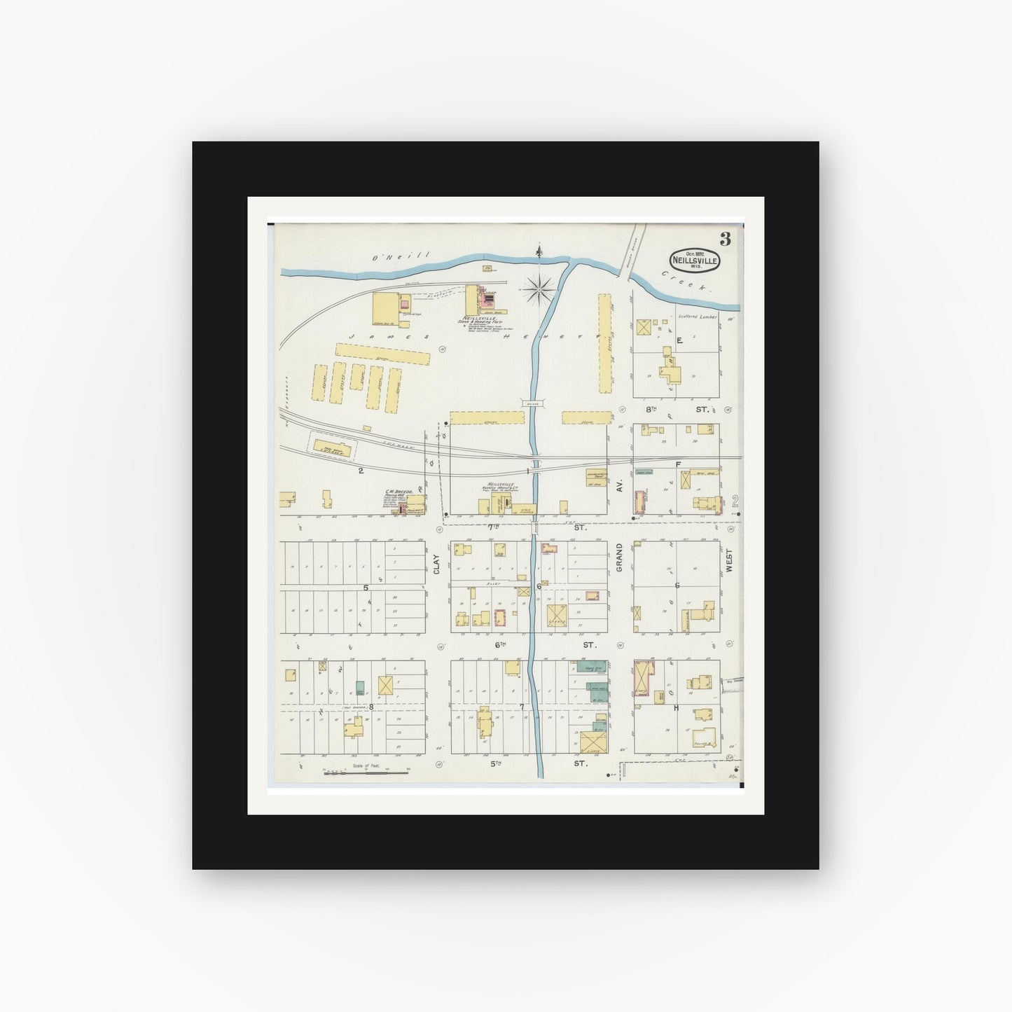 Old map wall art mockup — black gallery frame with white mat — Sanborn Fire Insurance Map from Neillsville, Clark County, Wisconsin (1892), Sheet #0003