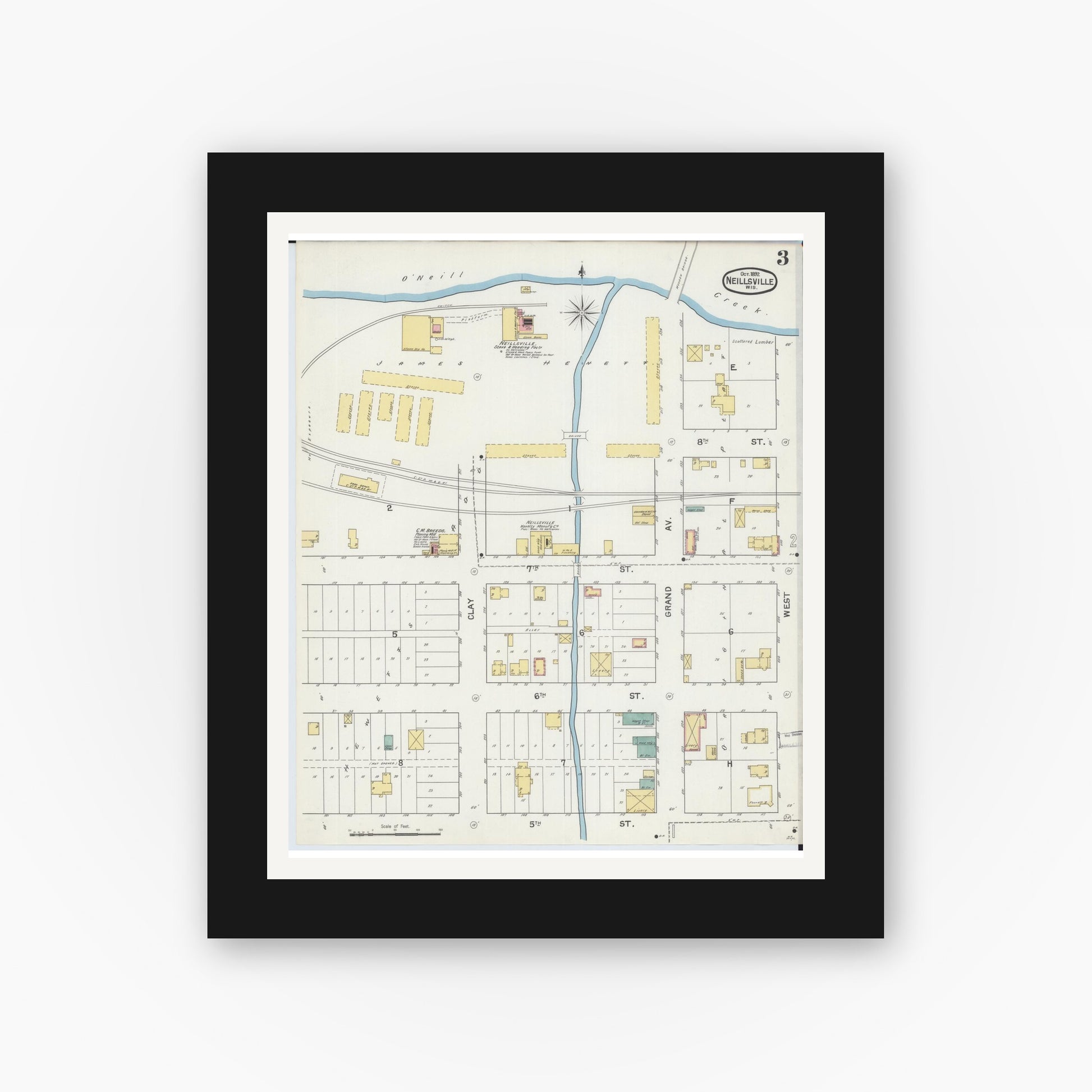 Old map wall art mockup — black gallery frame with white mat — Sanborn Fire Insurance Map from Neillsville, Clark County, Wisconsin (1892), Sheet #0003