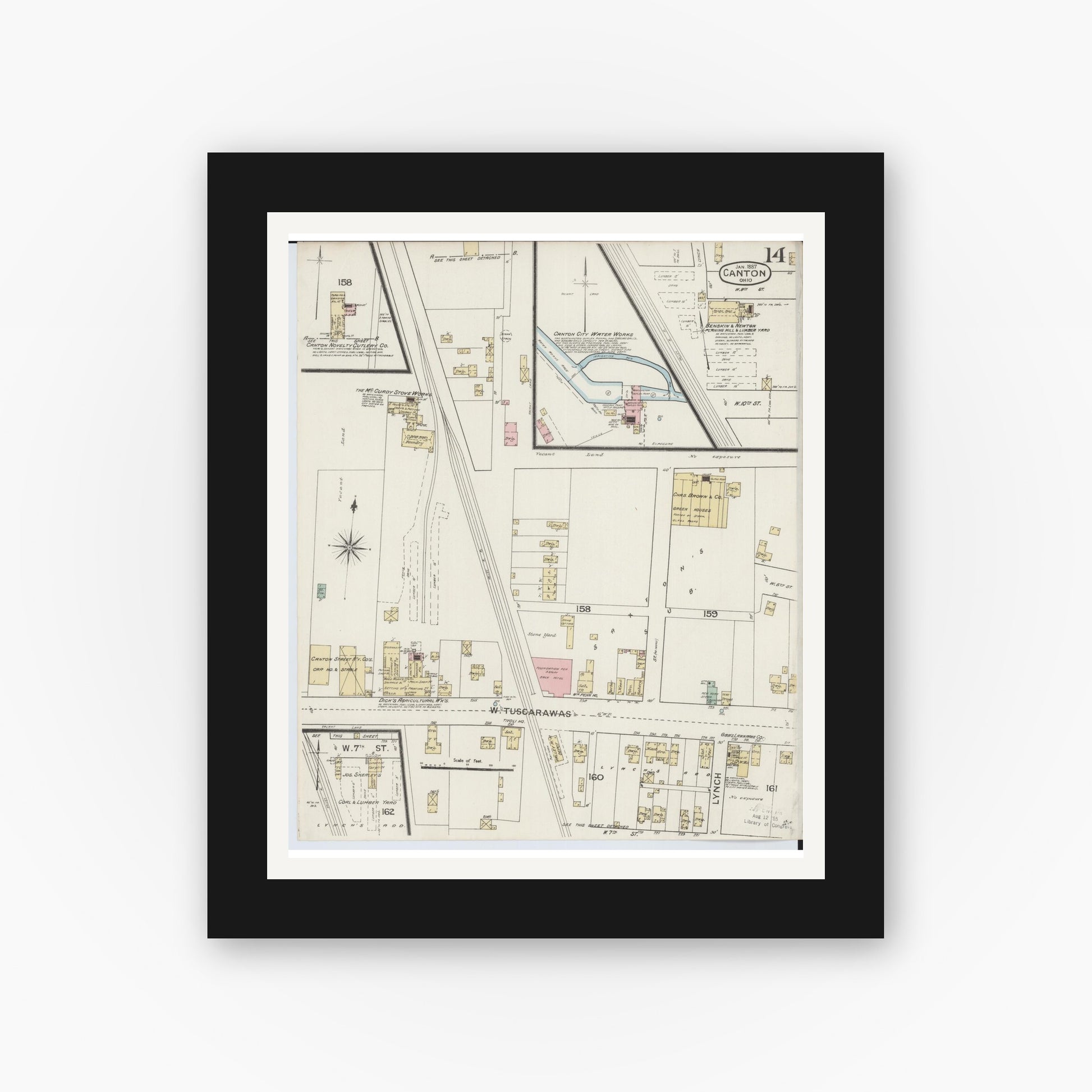 Old map wall art mockup — black gallery frame with white mat — Sanborn Fire Insurance Map from Canton, Stark County, Ohio (1887), Sheet #0014