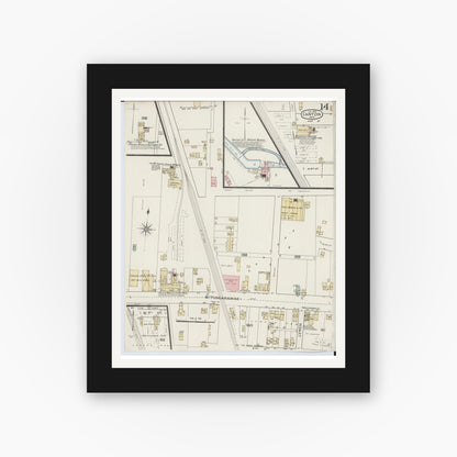 Old map wall art mockup — black gallery frame with white mat — Sanborn Fire Insurance Map from Canton, Stark County, Ohio (1887), Sheet #0014