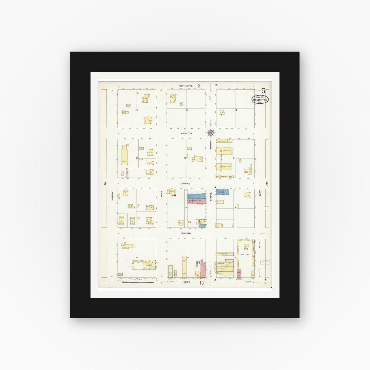 Old map wall art mockup — black gallery frame with white mat — Sanborn Fire Insurance Map from Henrietta, Clay County, Texas (1912), Sheet #0005