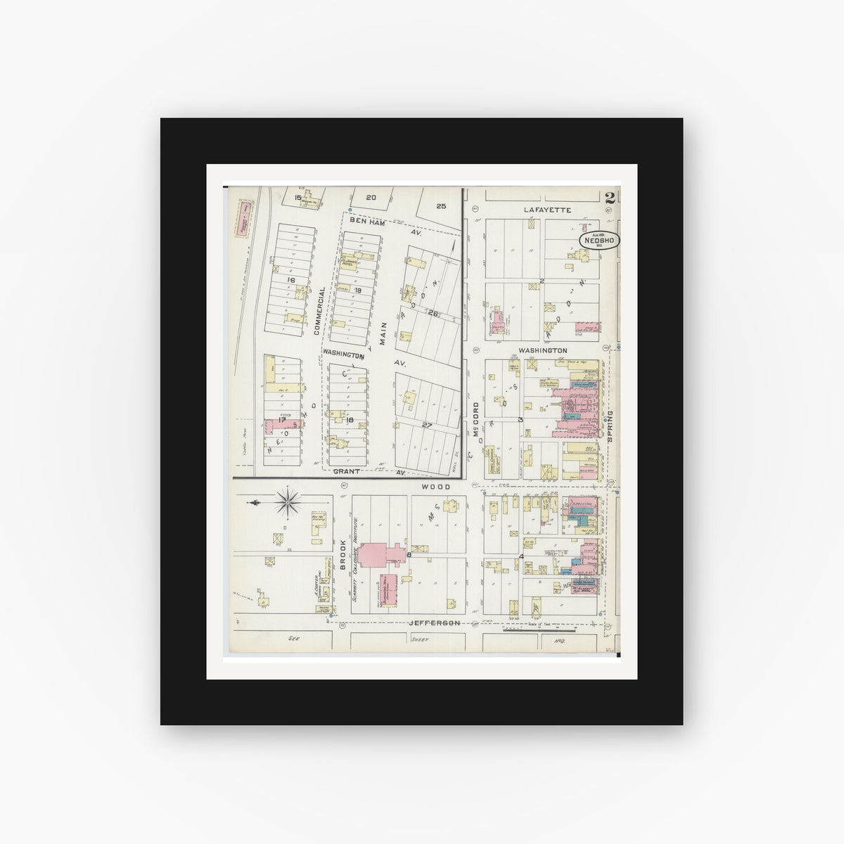 Old map wall art mockup — black gallery frame with white mat — Sanborn Fire Insurance Map from Neosho, Newton County, Missouri (1891), Sheet #0002