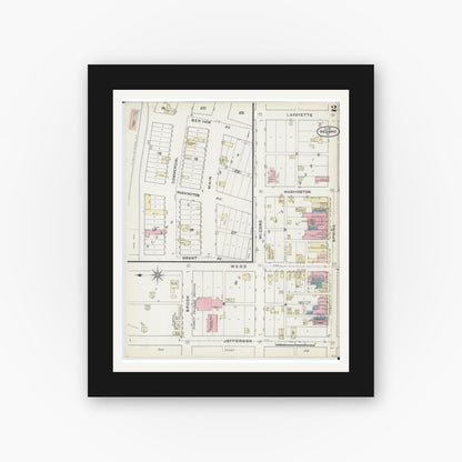 Old map wall art mockup — black gallery frame with white mat — Sanborn Fire Insurance Map from Neosho, Newton County, Missouri (1891), Sheet #0002
