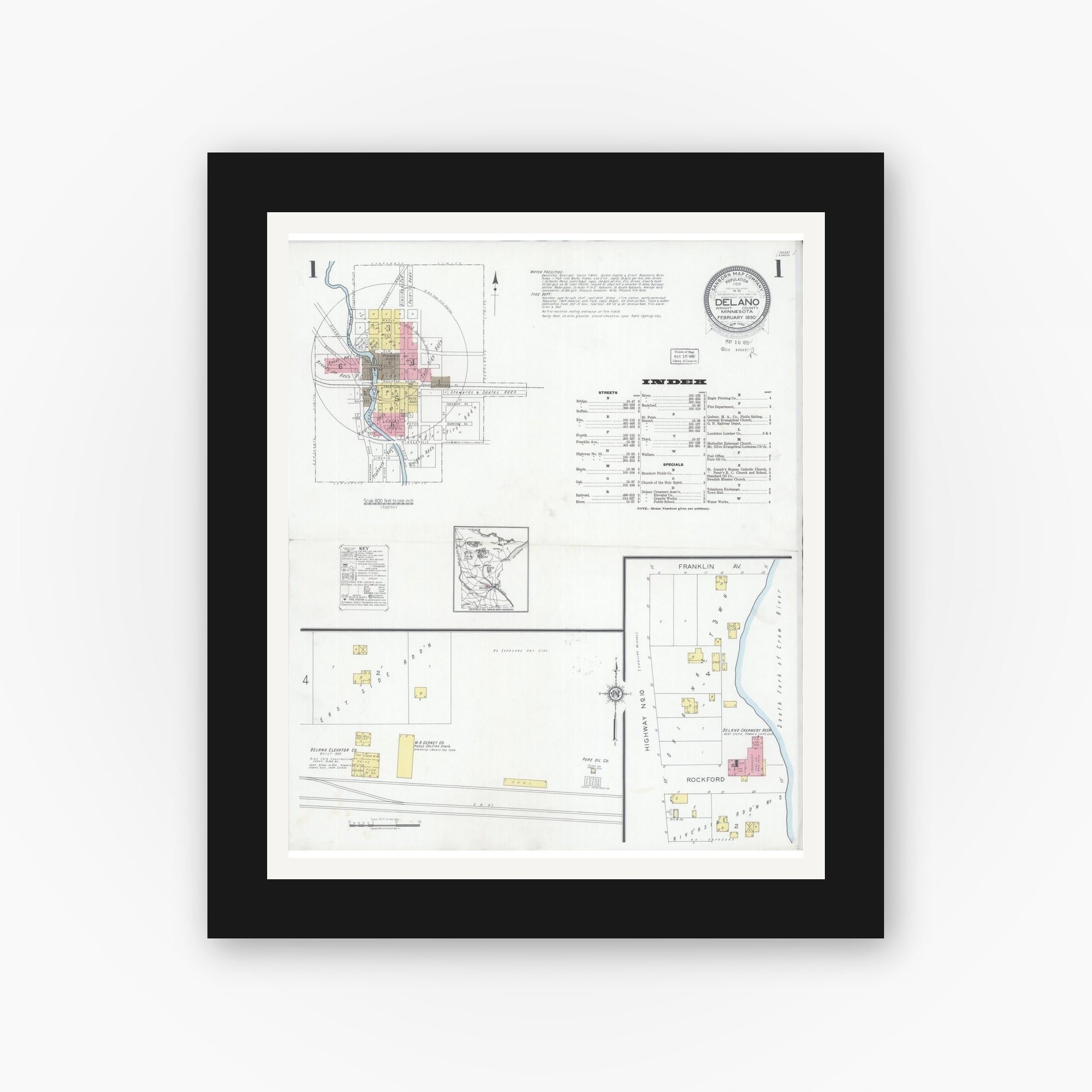 Old map wall art mockup — black gallery frame with white mat — Sanborn Fire Insurance Map from Delano, Wright County, Minnesota (1930) - Complete Map Set