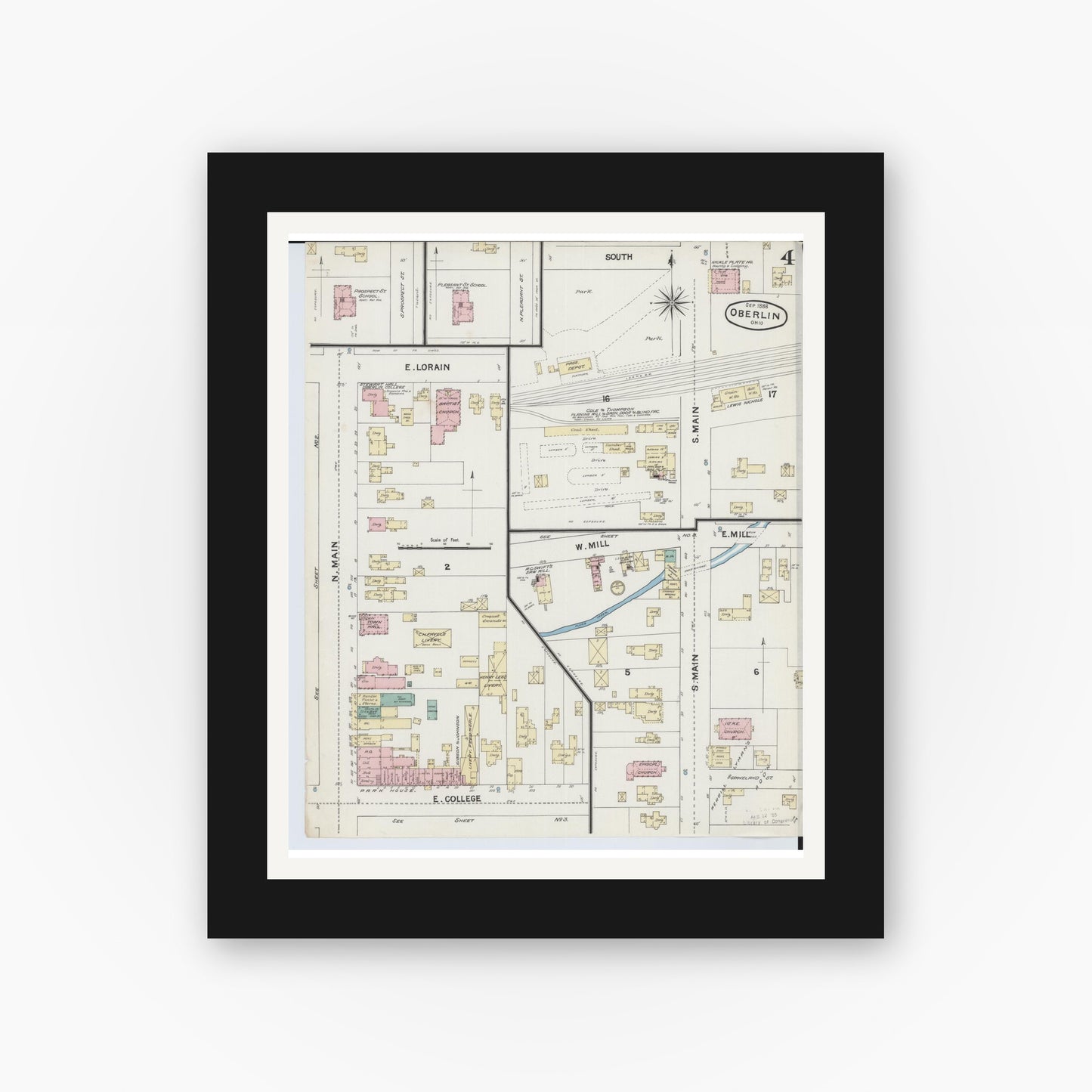 Old map wall art mockup — black gallery frame with white mat — Sanborn Fire Insurance Map from Oberlin, Lorain County, Ohio (1888), Sheet #0004