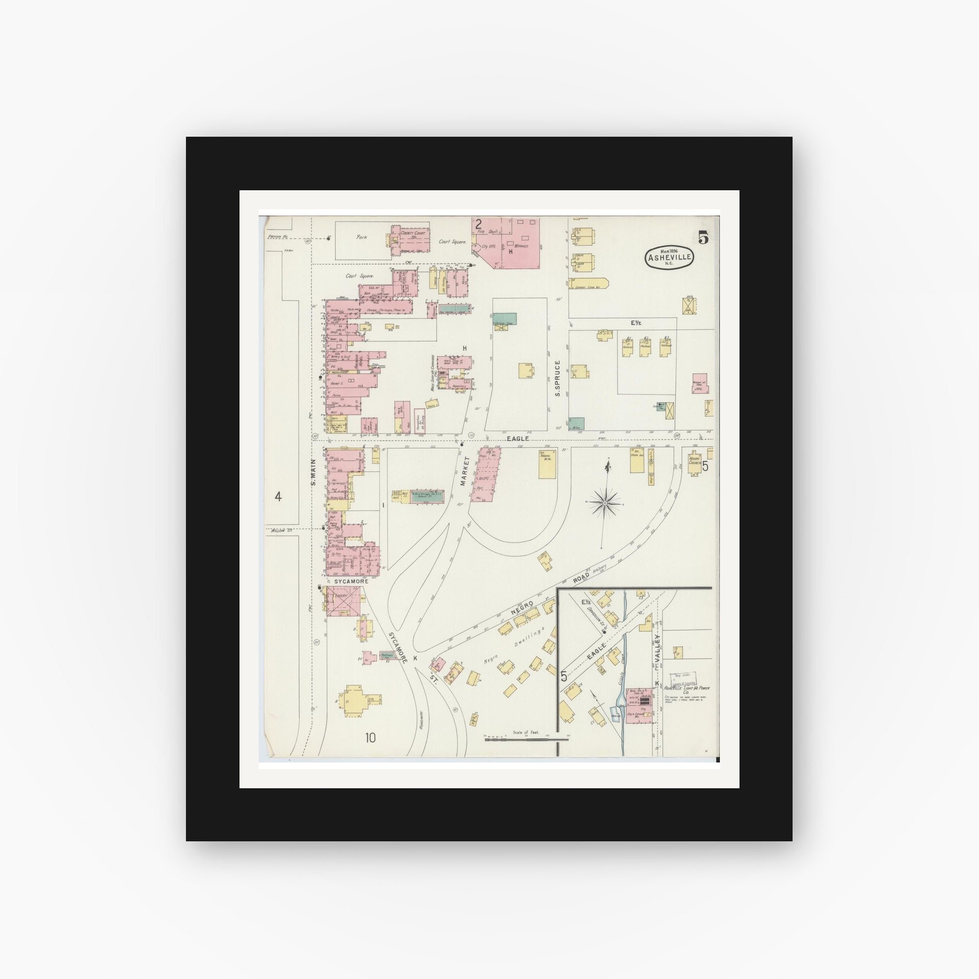 Old map wall art mockup — black gallery frame with white mat — Sanborn Fire Insurance Map from Asheville, Buncombe County, North Carolina (1896), Sheet #0005