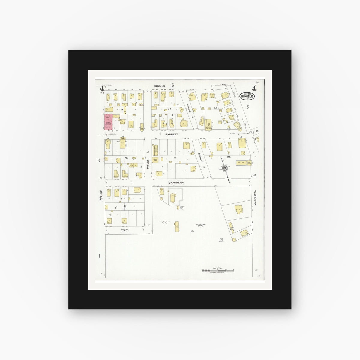 Old map wall art mockup — black gallery frame with white mat — Sanborn Fire Insurance Map from Humble, Harris County, Texas (1926), Sheet #0004