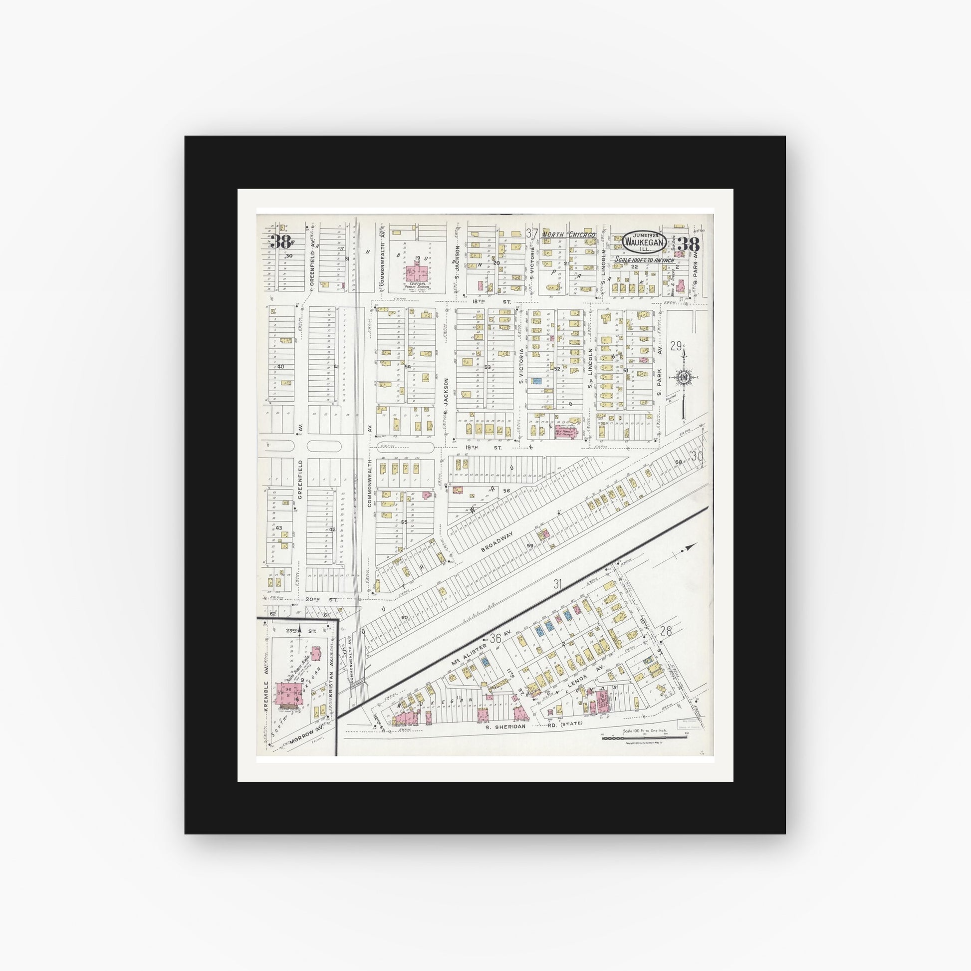 Old map wall art mockup — black gallery frame with white mat — Sanborn Fire Insurance Map from Waukegan, Lake County, Illinois (1924), Sheet #0038